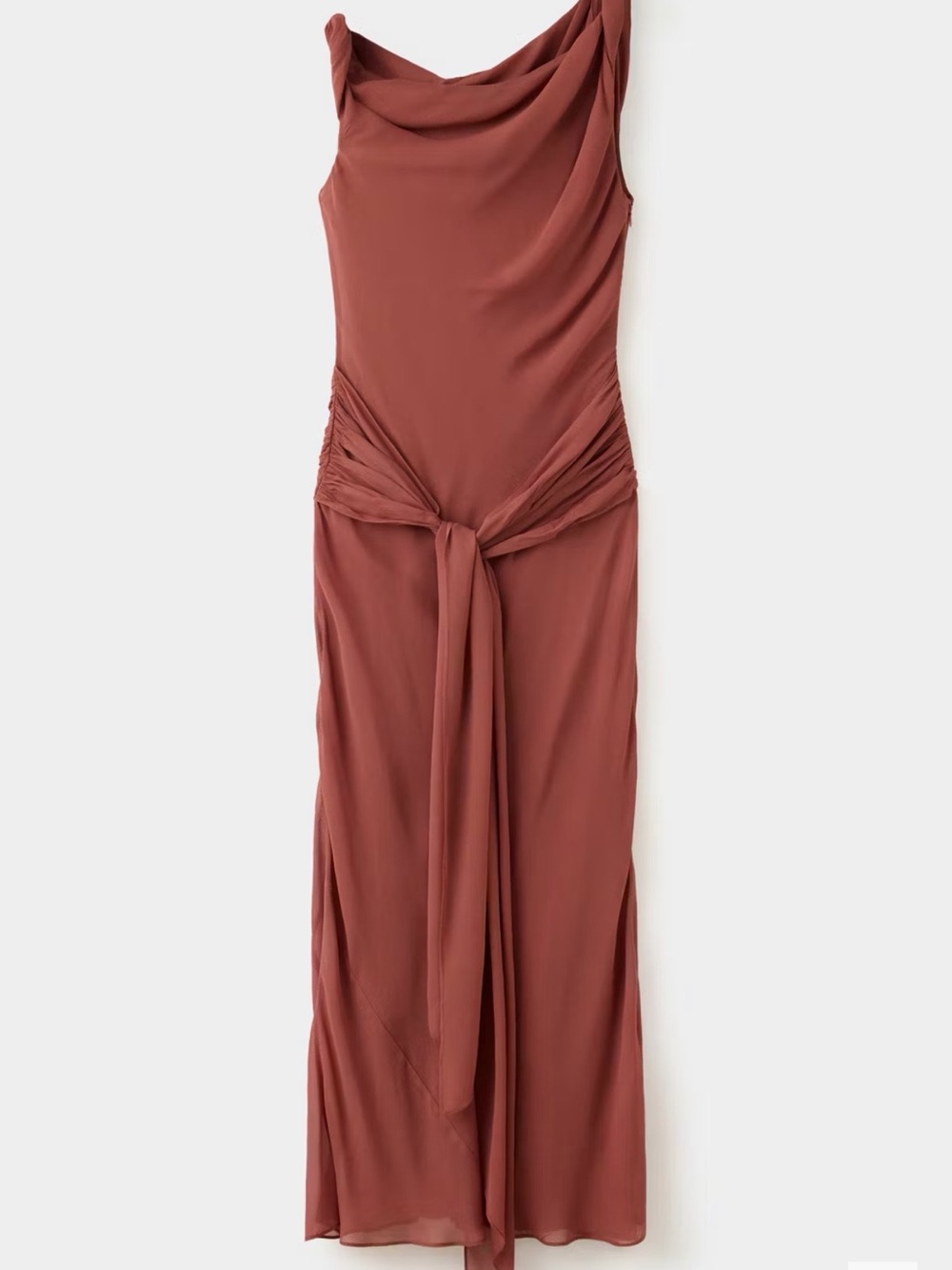 Mango Rust Draped Cowl Neck Maxi Dress with Waist Tie